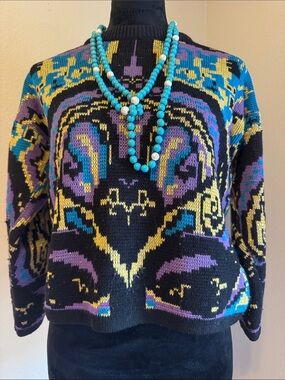Vintage Sweater. Glittery Gold, Turquoise & Purple Graphic ✨🫶🏽